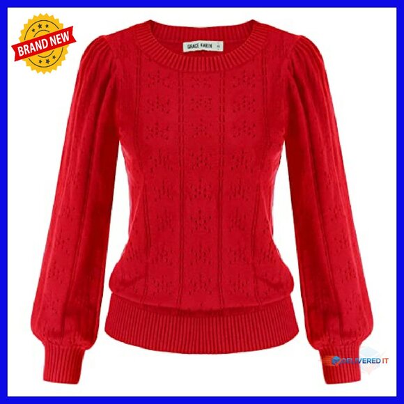 Long Lantern Sleeve Crochet Pullover Sweater Hollow Out Knit Top - Picture 2 of 8